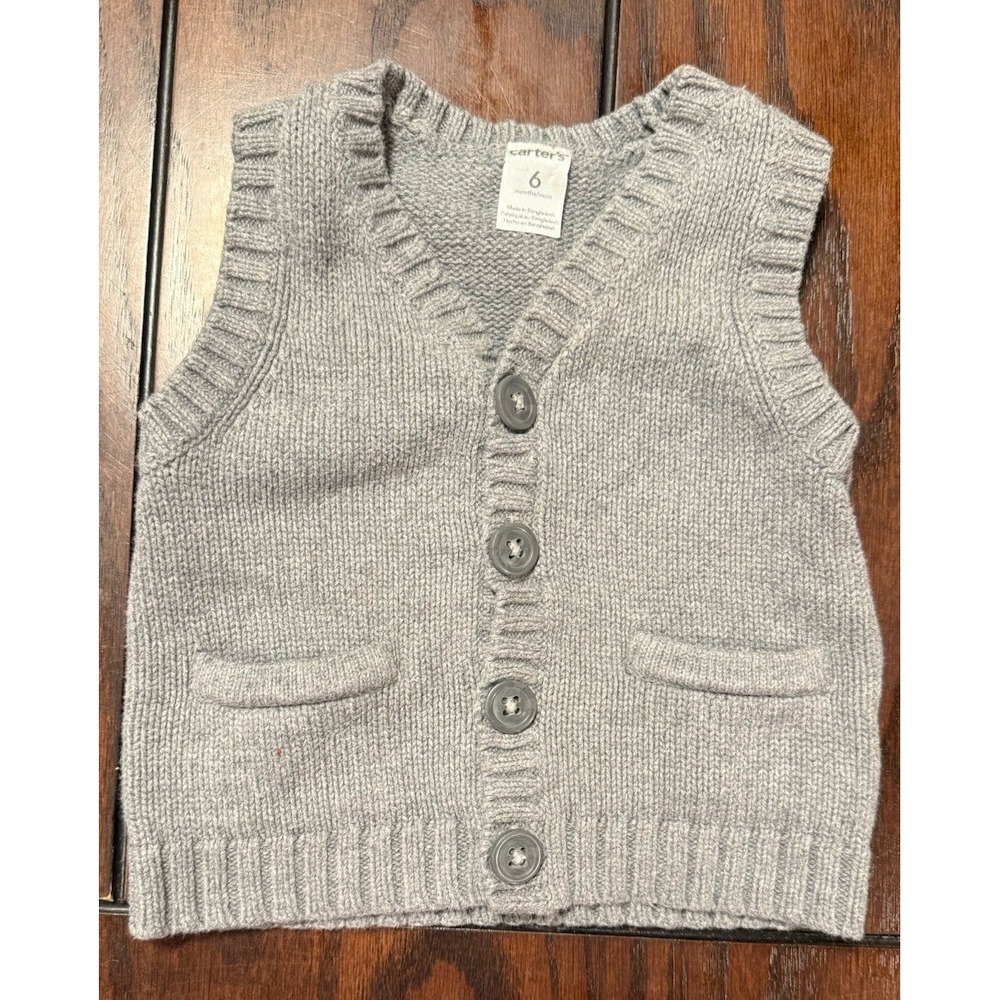 Carters Baby Boys Gray Knit Sweater Vest Button Front Sleeveless Cardigan 6M